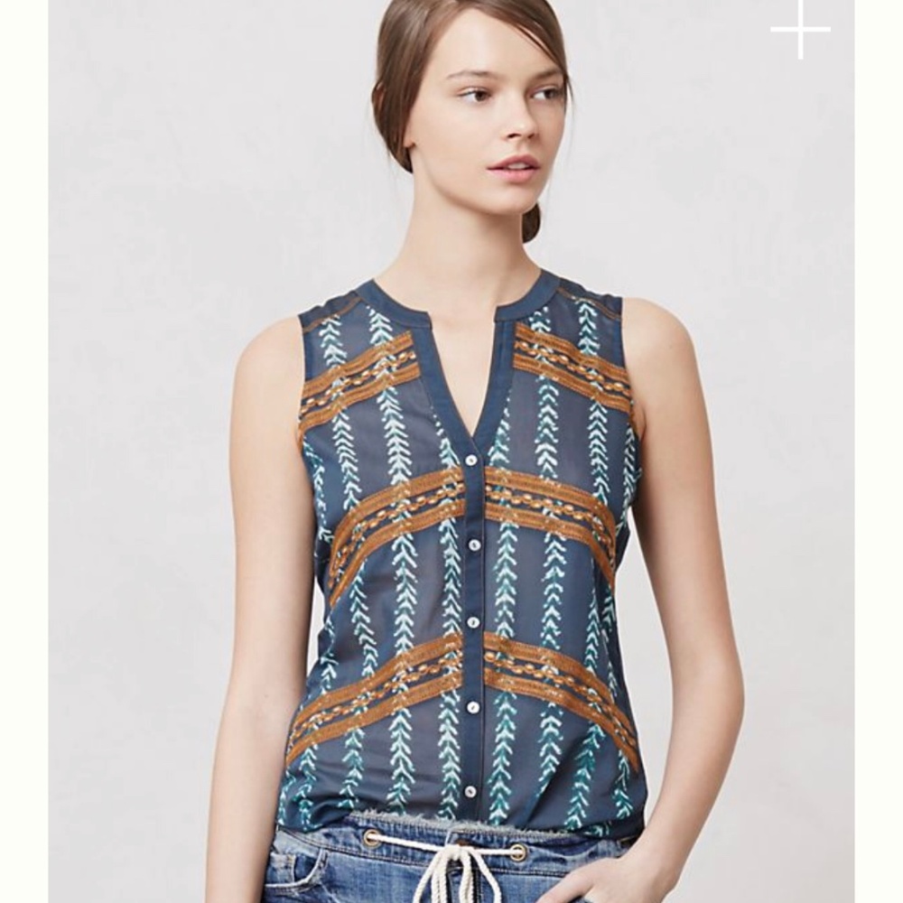 Anthropologie Tiny Embroidered Sprigstitch Top